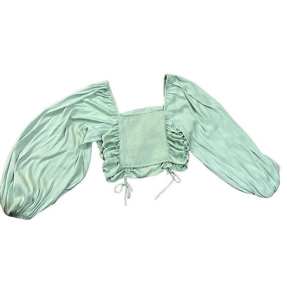 Free People laria Blouse Pleated Adjustable Drawstring Puff Sleeve bright Mint g - Picture 6 of 15